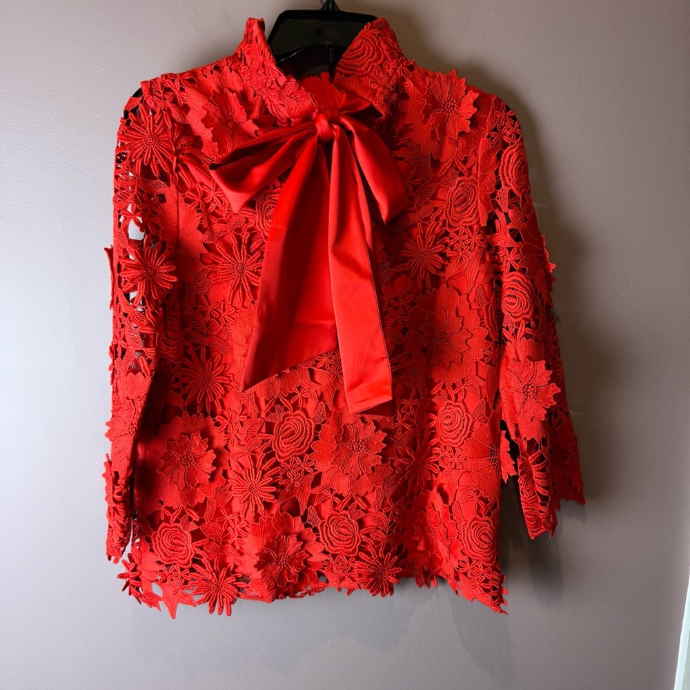 Tuckernuck Red Guipure Lace Faye Blouse XS - Picture 7 of 12